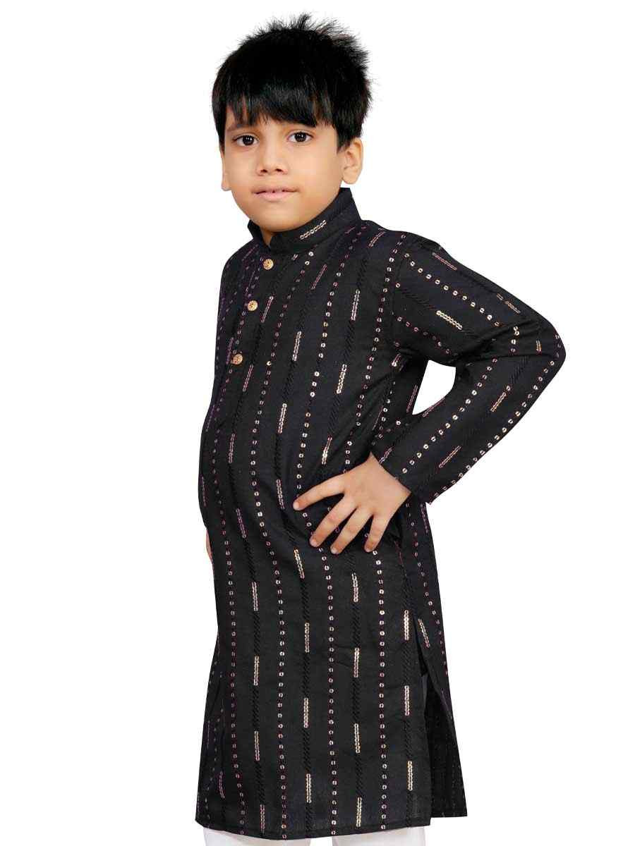 Black Soft Cotton Embroidered Wedding Casual Kurta Pyjama Boys Wear