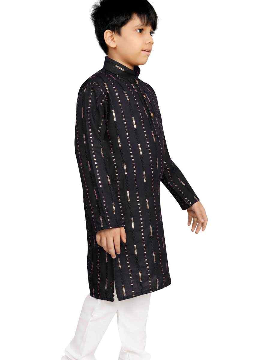 Black Soft Cotton Embroidered Wedding Casual Kurta Pyjama Boys Wear