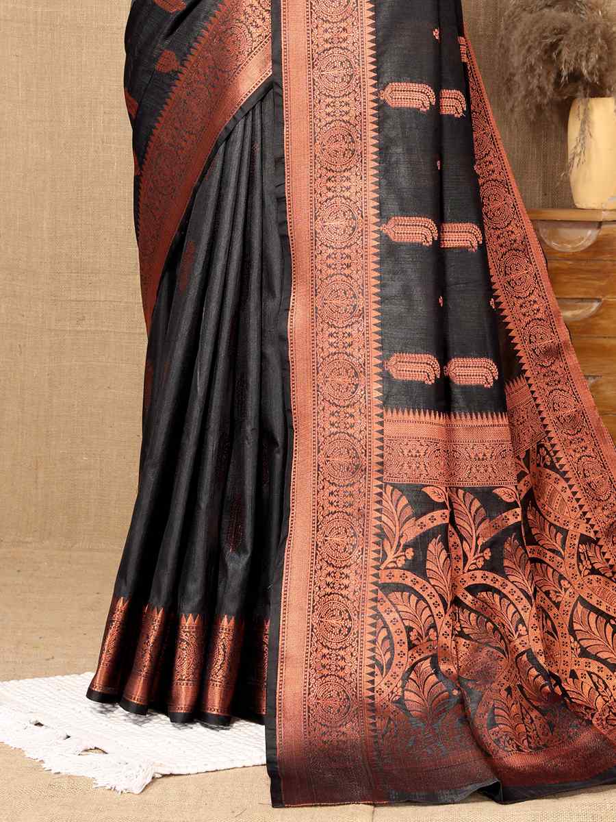 Black Soft Cotton Silk Handwoven Casual Festival Heavy Border Saree