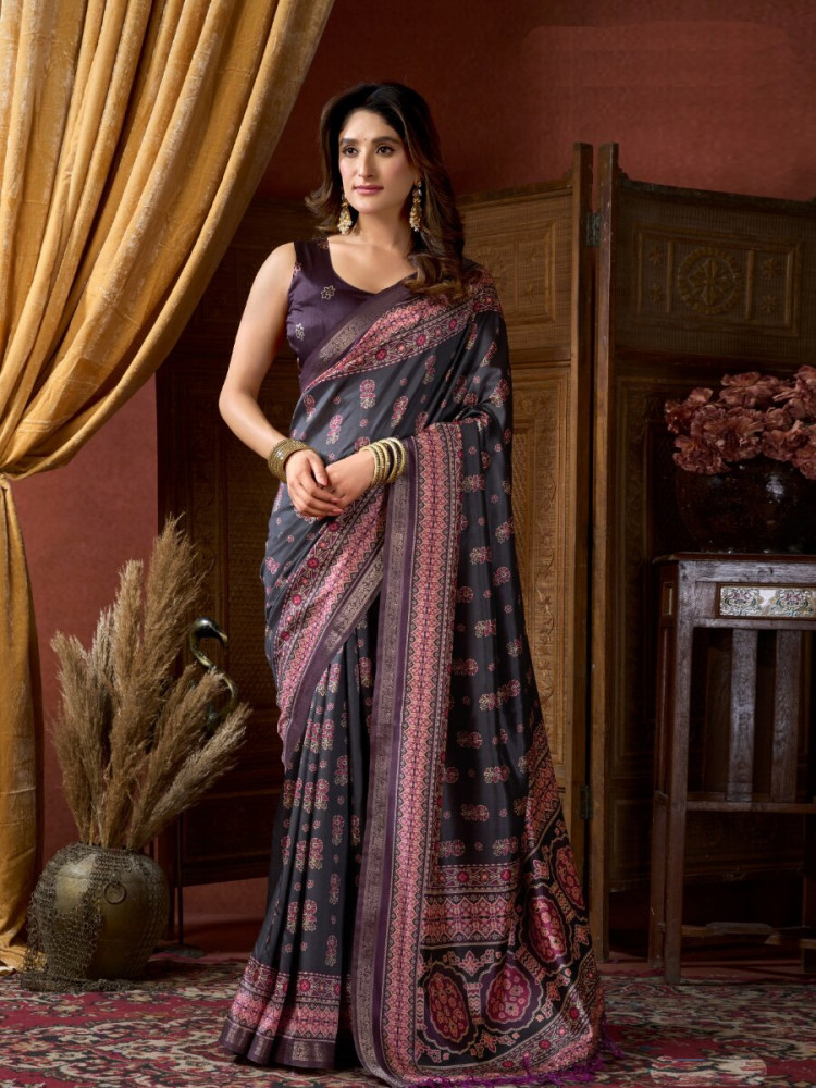 Image of Black Soft Crepe Silk Printed Wedding Reception Party Casual Heavy Border Sarees