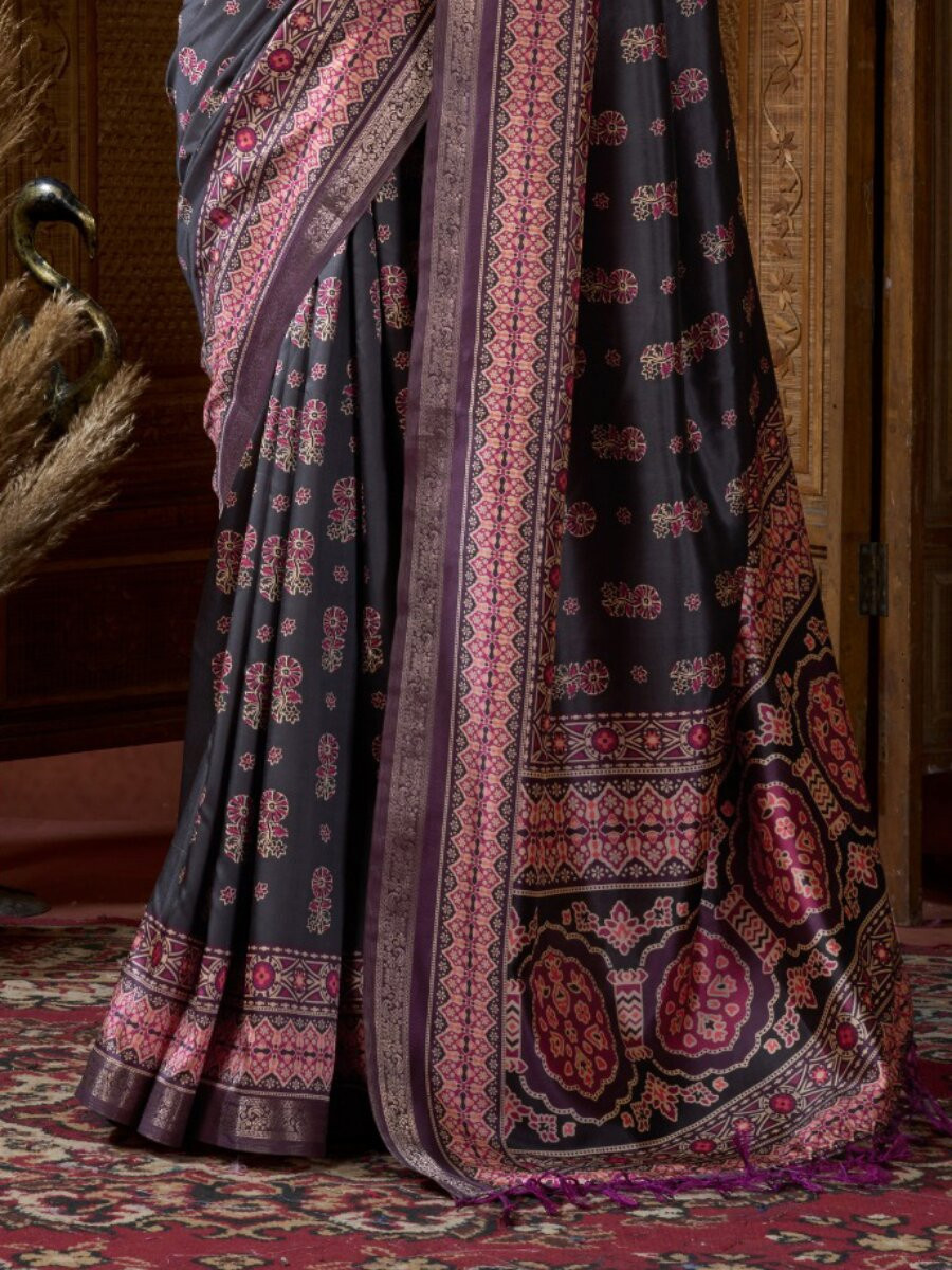 Black Soft Crepe Silk Printed Wedding Reception Party Casual Heavy Border Sarees