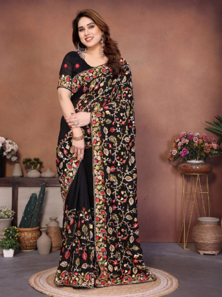 Image of Black Soft Crush Silk Embroidery Wedding Reception Party Casual Heavy Border Sarees