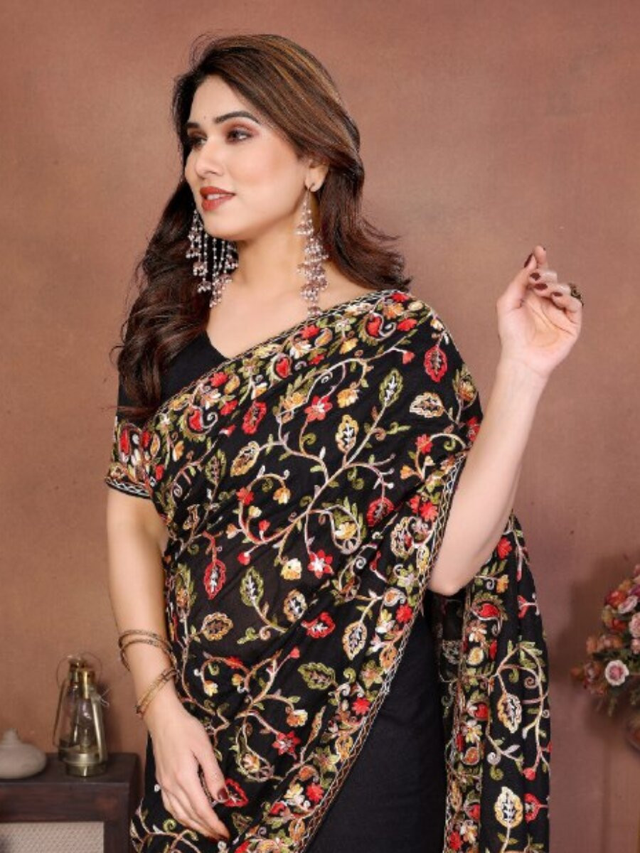 Black Soft Crush Silk Embroidery Wedding Reception Party Casual Heavy Border Sarees