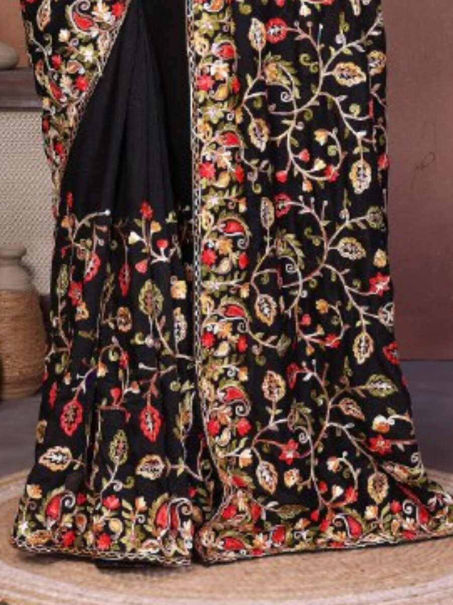 Black Soft Crush Silk Embroidery Wedding Reception Party Casual Heavy Border Sarees