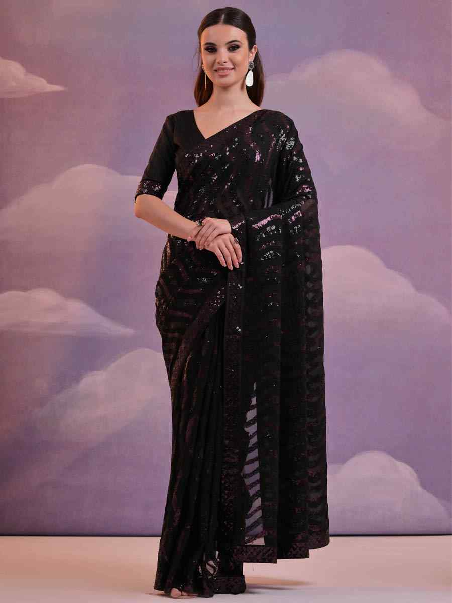 Black Soft Georgette Embroidered Festival Party Classic Style Saree