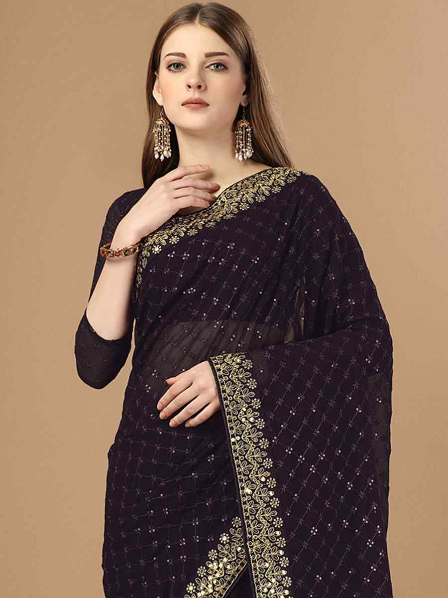 Black Soft Georgette Embroidered Party Festival Classic Style Saree