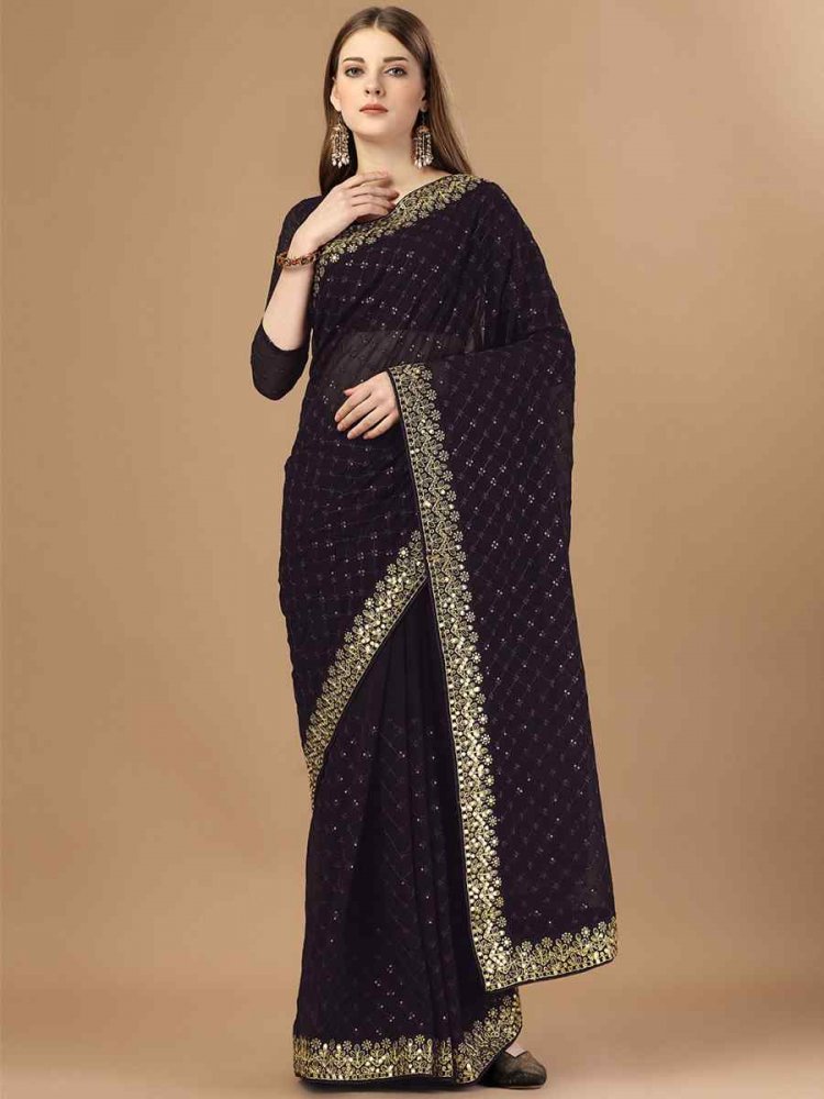 Black Soft Georgette Embroidery Party Reception Heavy Border Saree