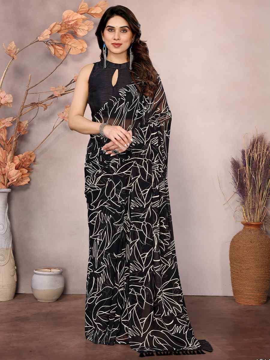 Black Soft Georgette Printed Festival Casual Classic Style Saree