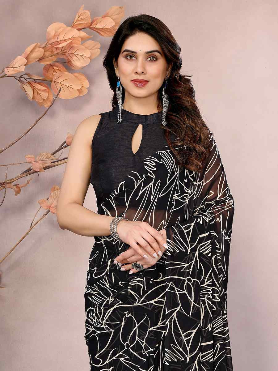 Black Soft Georgette Printed Festival Casual Classic Style Saree