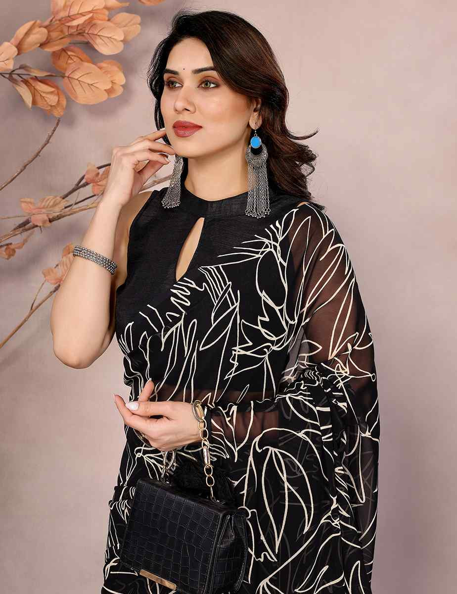 Black Soft Georgette Printed Festival Casual Classic Style Saree