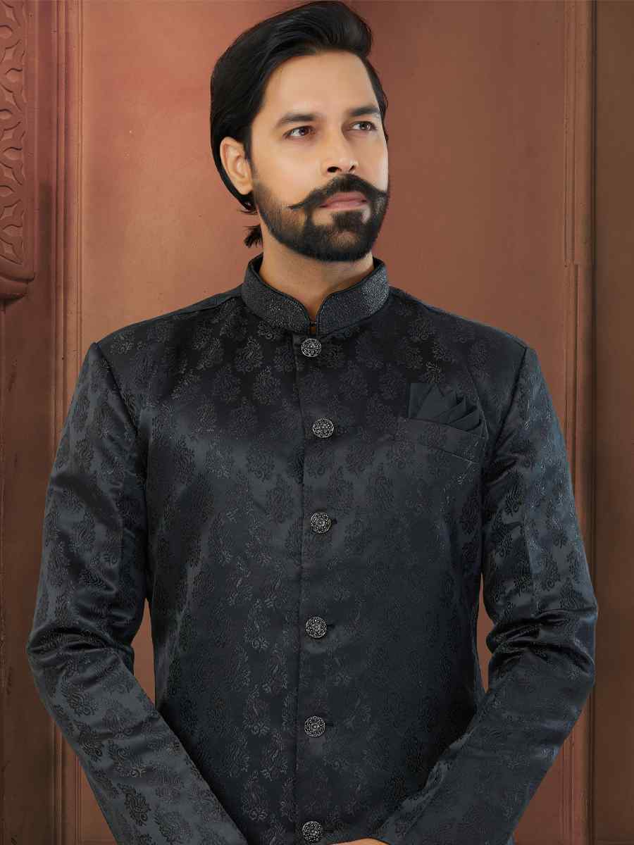 Black Soft Jacquard Embroidered Wedding Groom Sherwani