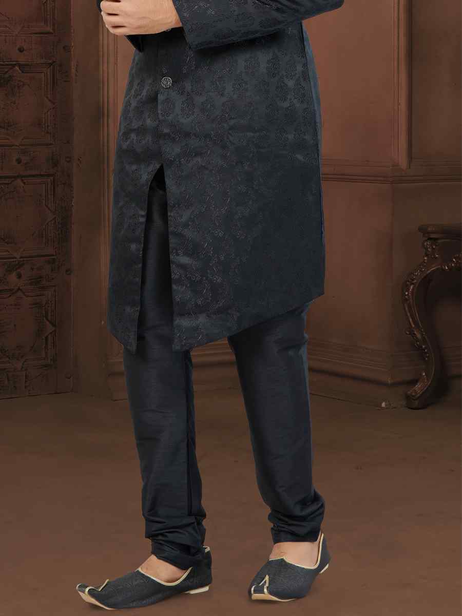 Black Soft Jacquard Embroidered Wedding Groom Sherwani