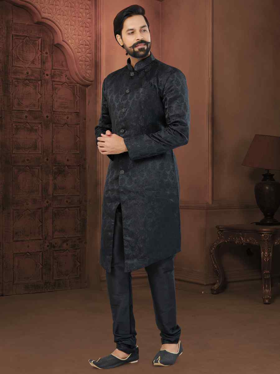 Black Soft Jacquard Embroidered Wedding Groom Sherwani