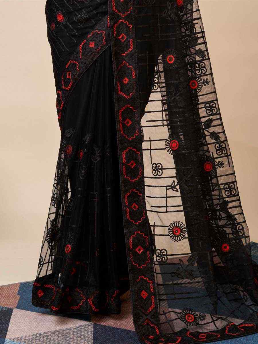 Black Soft Net Embroidered Festival Party Classic Style Saree