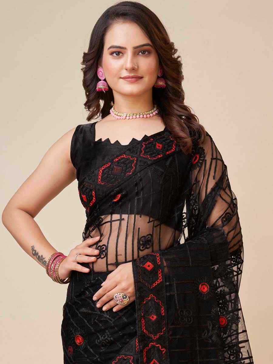 Black Soft Net Embroidered Festival Party Classic Style Saree