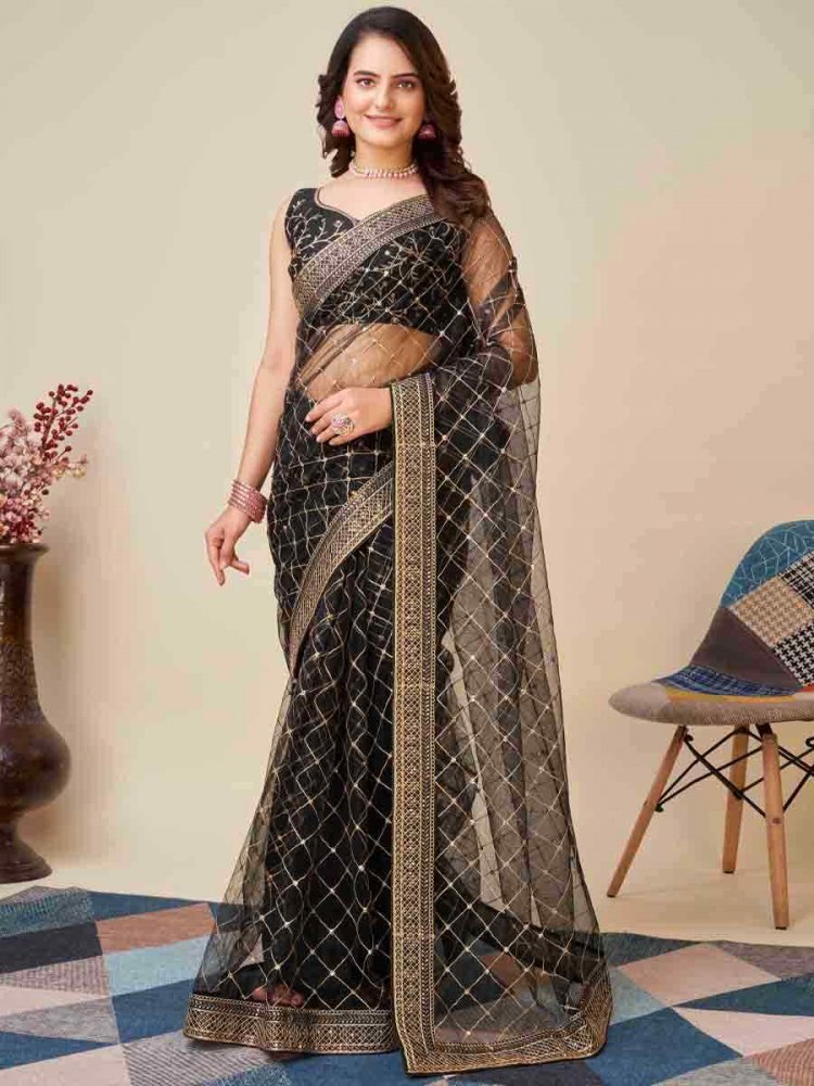 Black Soft Net Embroidered Party Festival Classic Style Saree