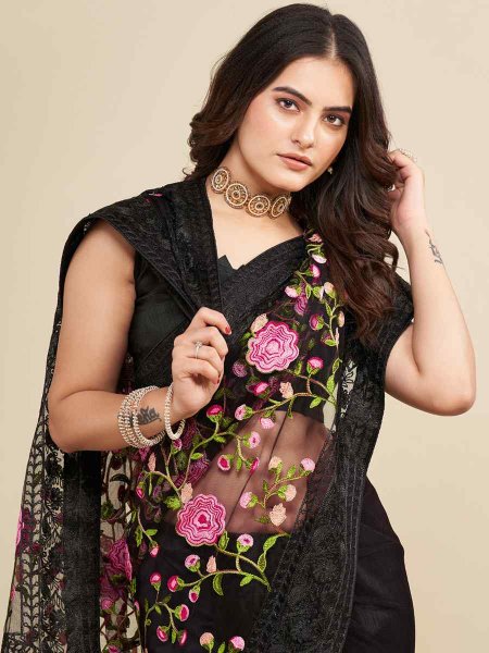 Black Soft Net Embroidered Party Festival Classic Style Saree