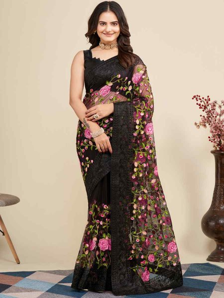 Black Soft Net Embroidered Party Festival Classic Style Saree