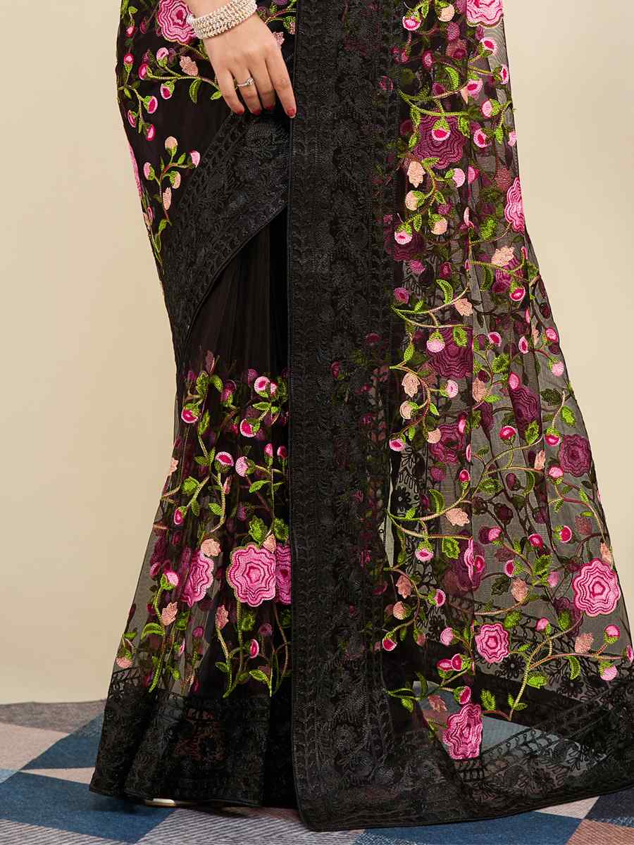 Black Soft Net Embroidered Party Festival Classic Style Saree