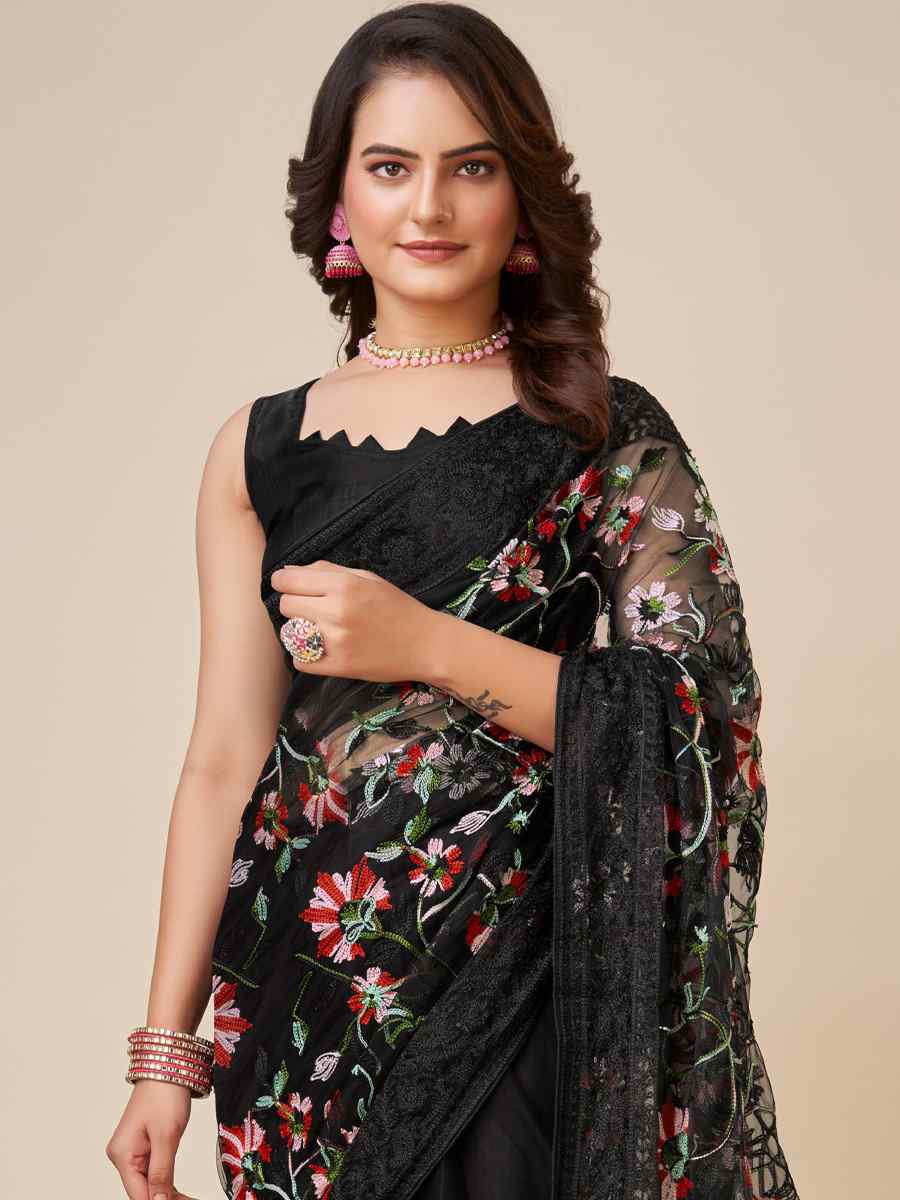 Black Soft Net Embroidered Party Festival Classic Style Saree