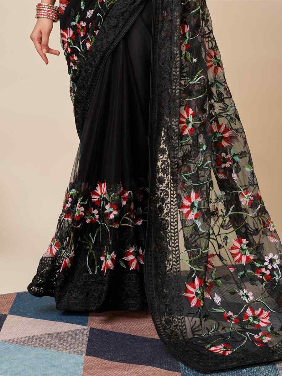 Black Soft Net Embroidered Party Festival Classic Style Saree