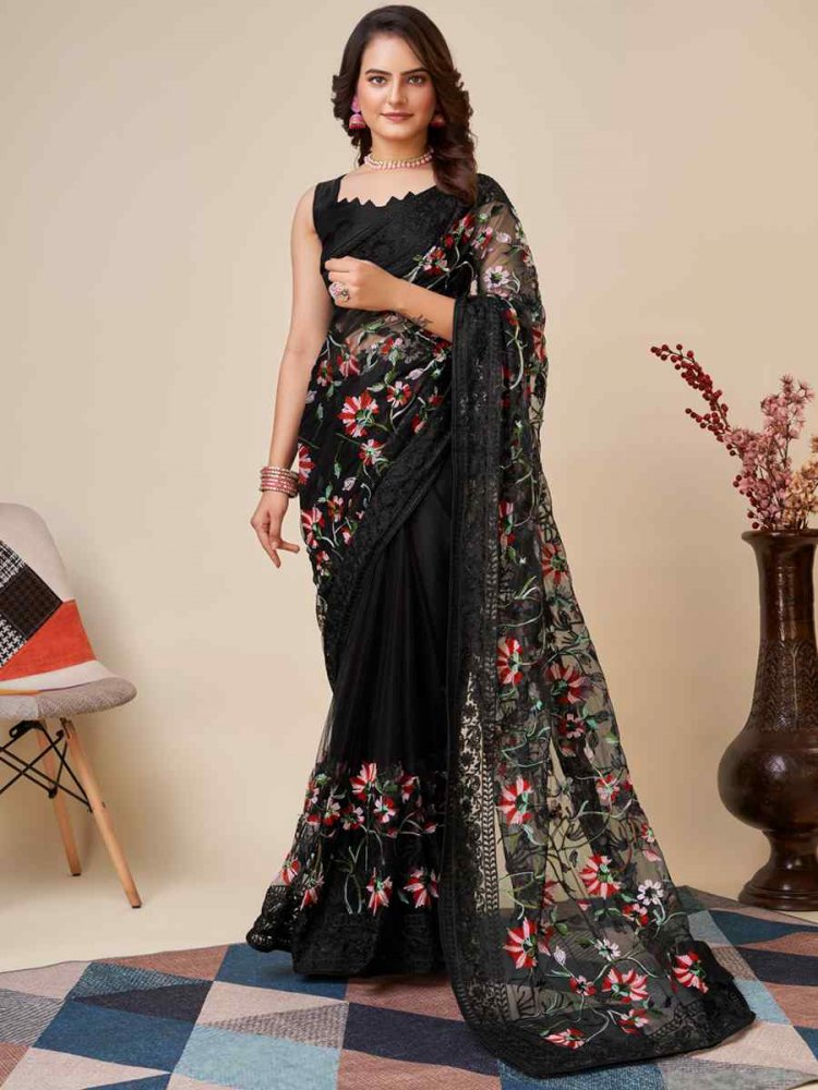 Black Soft Net Embroidered Party Festival Classic Style Saree