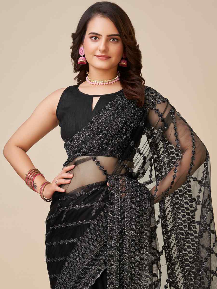 Black Soft Net Embroidered Party Festival Heavy Border Saree