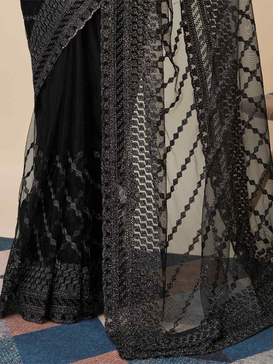 Black Soft Net Embroidered Party Festival Heavy Border Saree