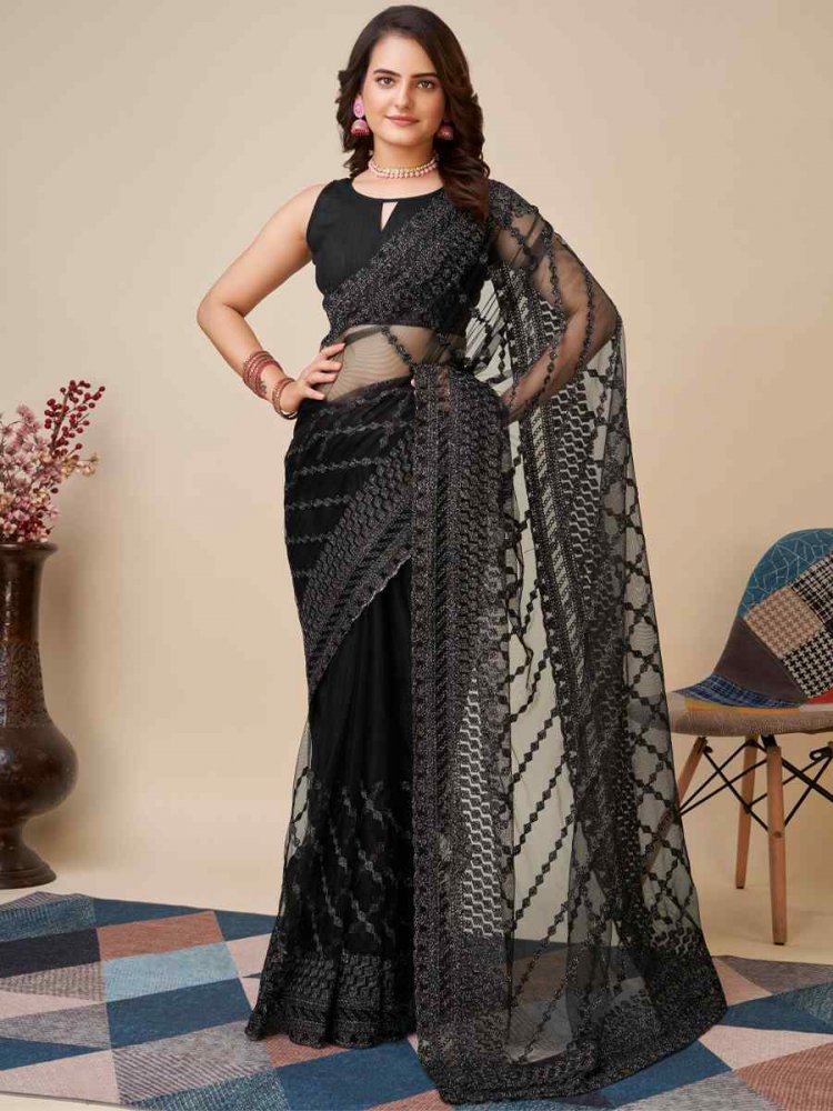 Black Soft Net Embroidered Party Festival Heavy Border Saree