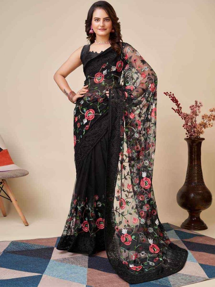 Black Soft Net Embroidered Party Festival Heavy Border Saree