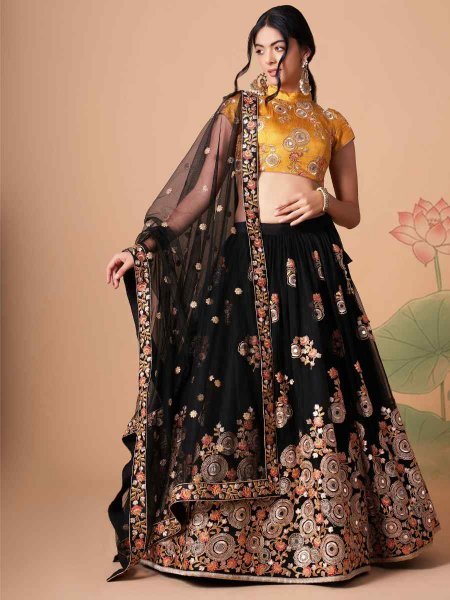 Black Soft Net Embroidered Reception Festival Heavy Border Lehenga Choli