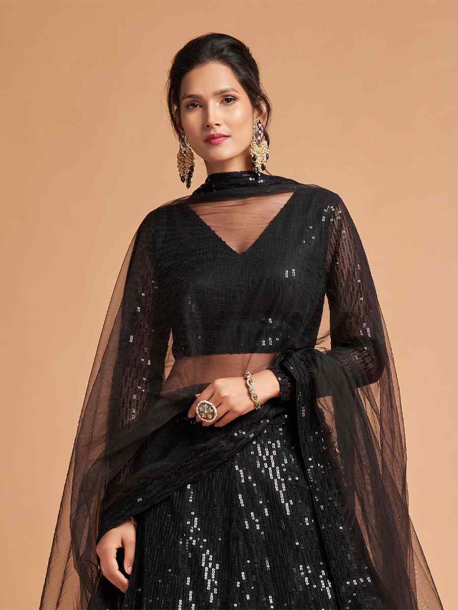 Black Soft Net Embroidered Sequins Wedding Bridesmaid Circular Lehenga Choli