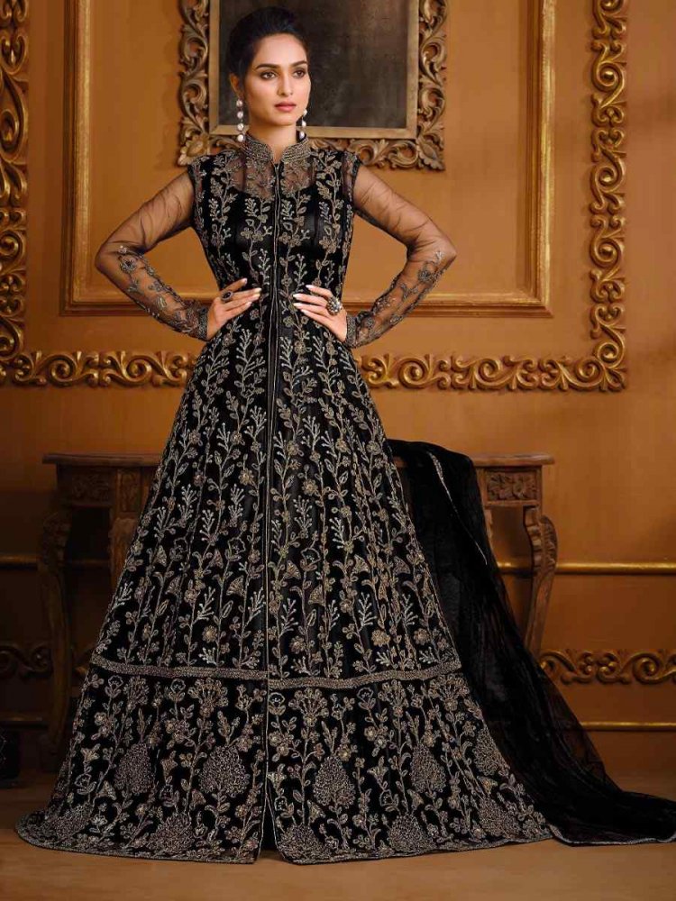 Black Soft Net Embroidered Stone Party Engagement Lawn Salwar Kameez
