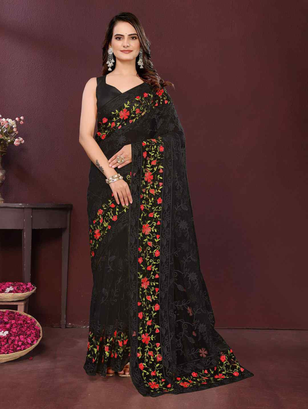 Black Soft Net Embroidery Traditional Bridal Reception Festival Wedding Fancy Heavy Border Saree