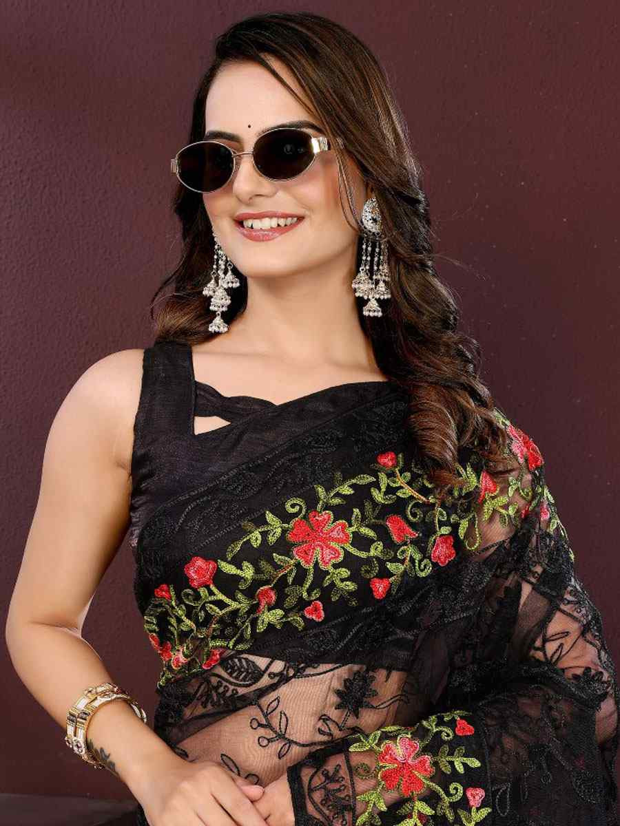 Black Soft Net Embroidery Traditional Bridal Reception Festival Wedding Fancy Heavy Border Saree