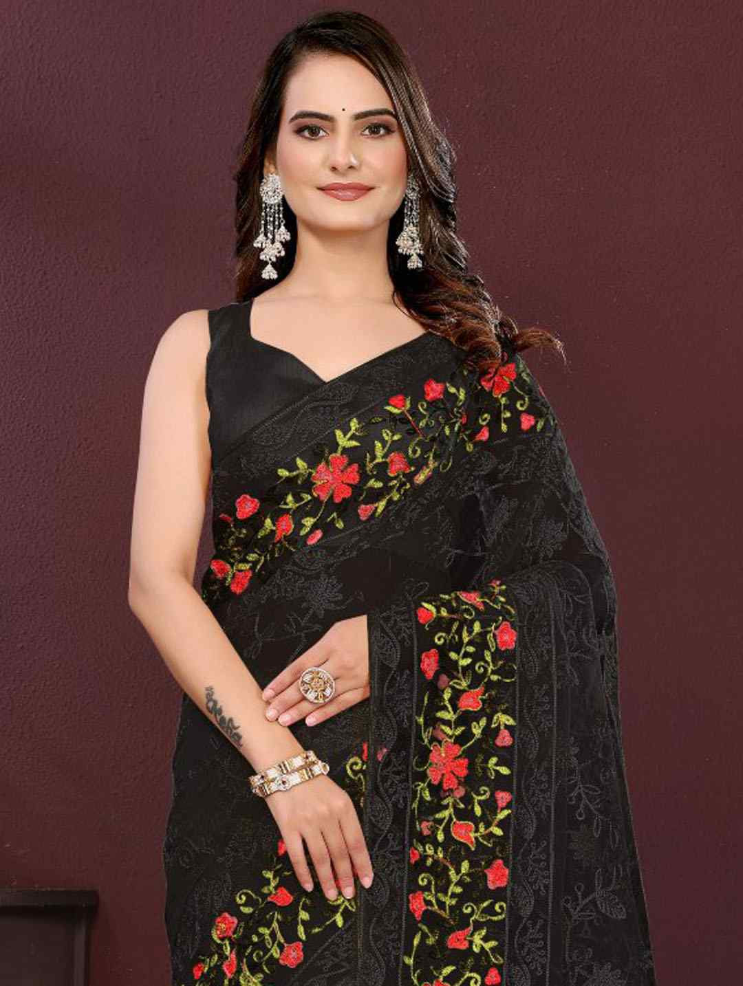Black Soft Net Embroidery Traditional Bridal Reception Festival Wedding Fancy Heavy Border Saree