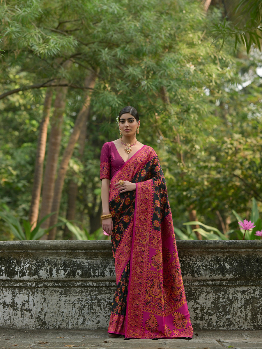 Black Soft Pashmina Silk Zari Handwoven Casual Reception Festival Wedding Fancy Classic Heavy Border Sarees