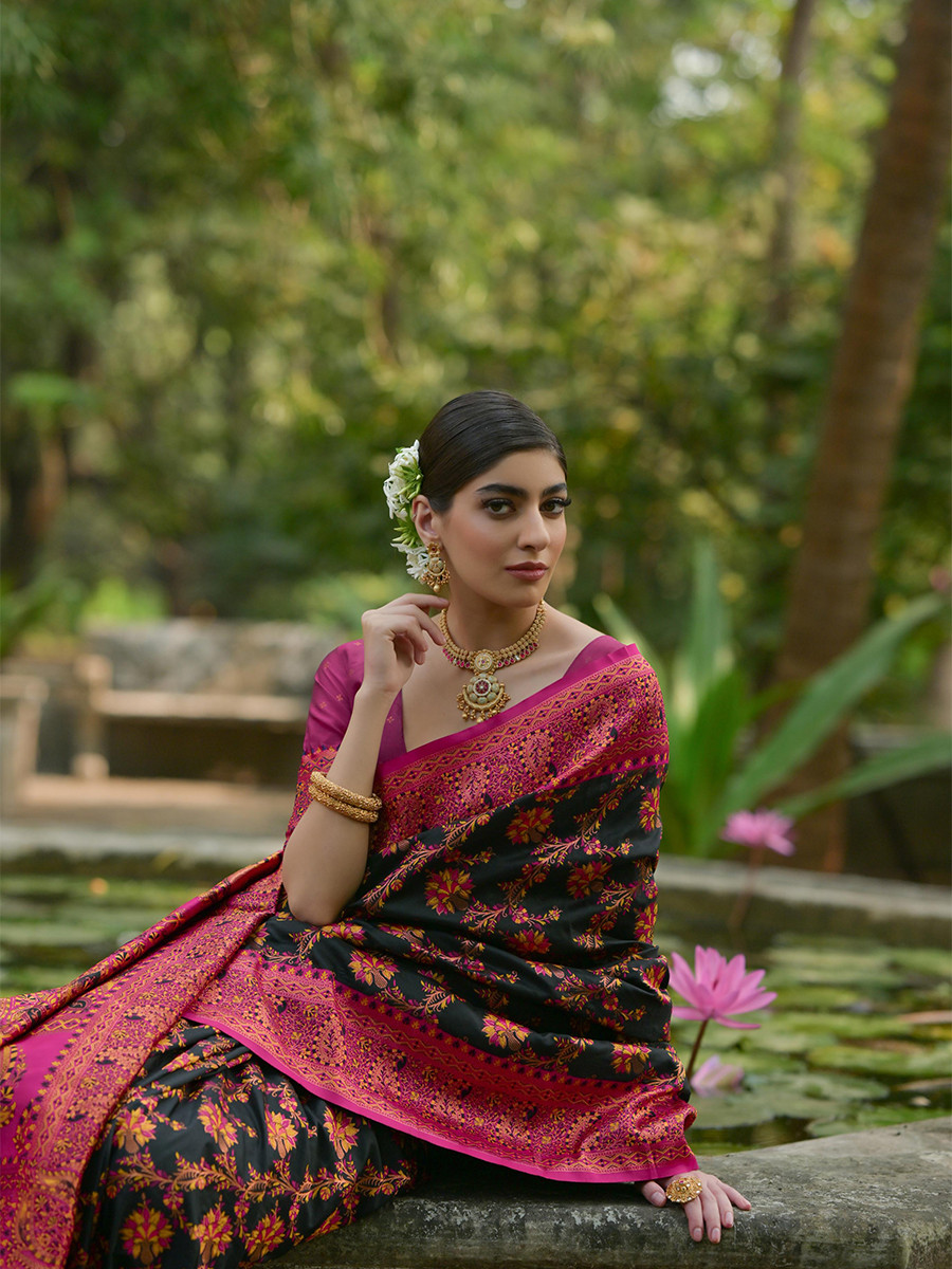 Black Soft Pashmina Silk Zari Handwoven Casual Reception Festival Wedding Fancy Classic Heavy Border Sarees