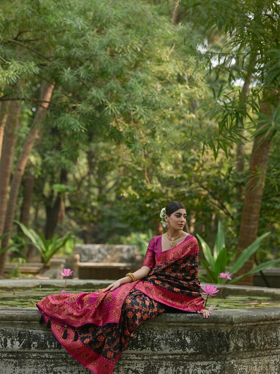 Black Soft Pashmina Silk Zari Handwoven Casual Reception Festival Wedding Fancy Classic Heavy Border Sarees