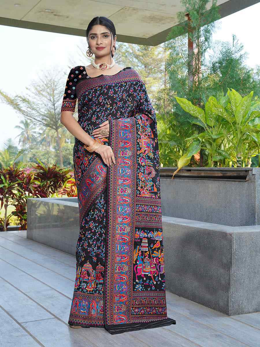 Black Soft Pure Silk Handwoven Festival Wedding Fancy Heavy Border Saree
