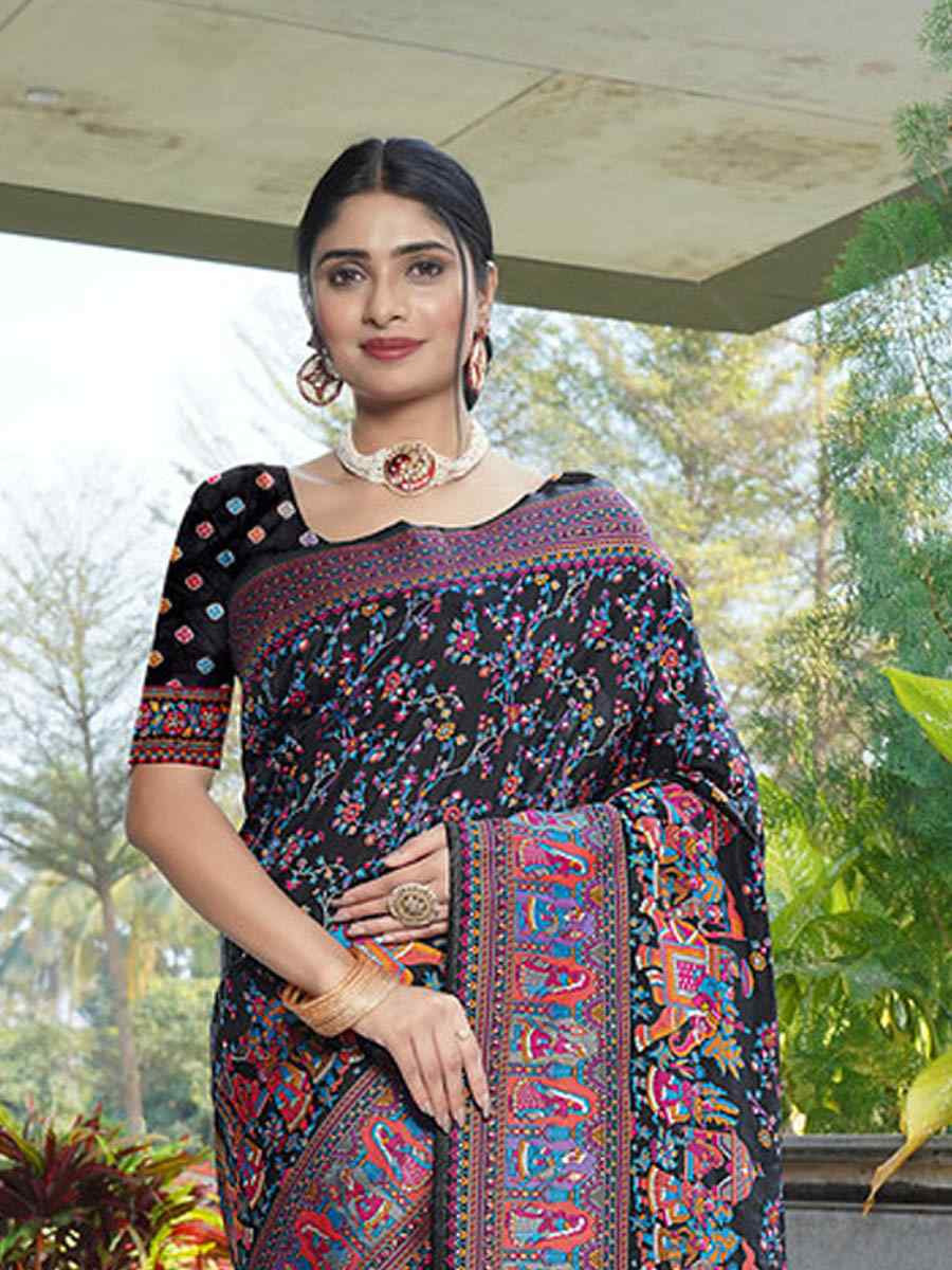 Black Soft Pure Silk Handwoven Festival Wedding Fancy Heavy Border Saree