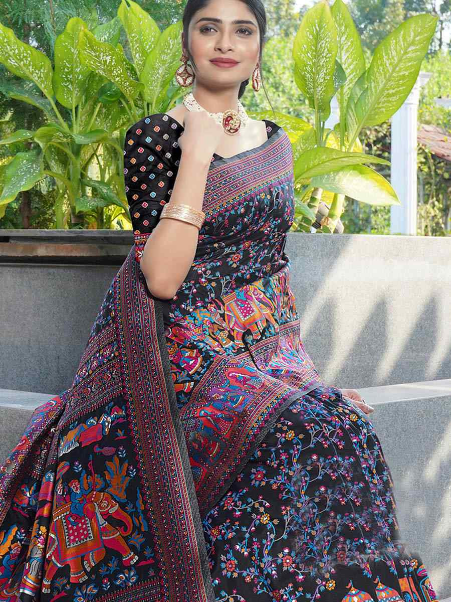 Black Soft Pure Silk Handwoven Festival Wedding Fancy Heavy Border Saree