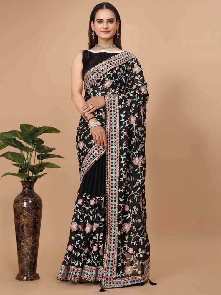 Black Soft Rangoli Silk Embroidered Wedding Reception Heavy Border Saree