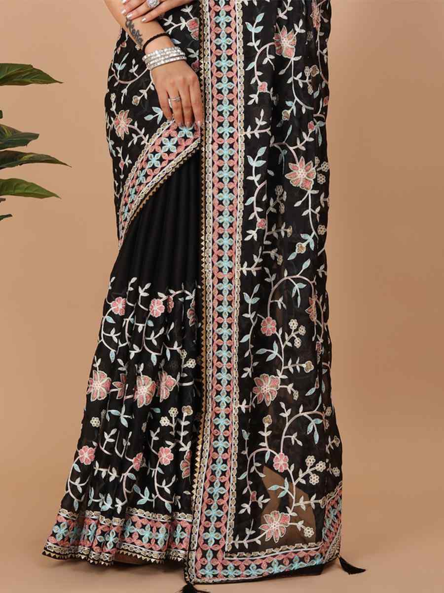 Black Soft Rangoli Silk Embroidered Wedding Reception Heavy Border Saree