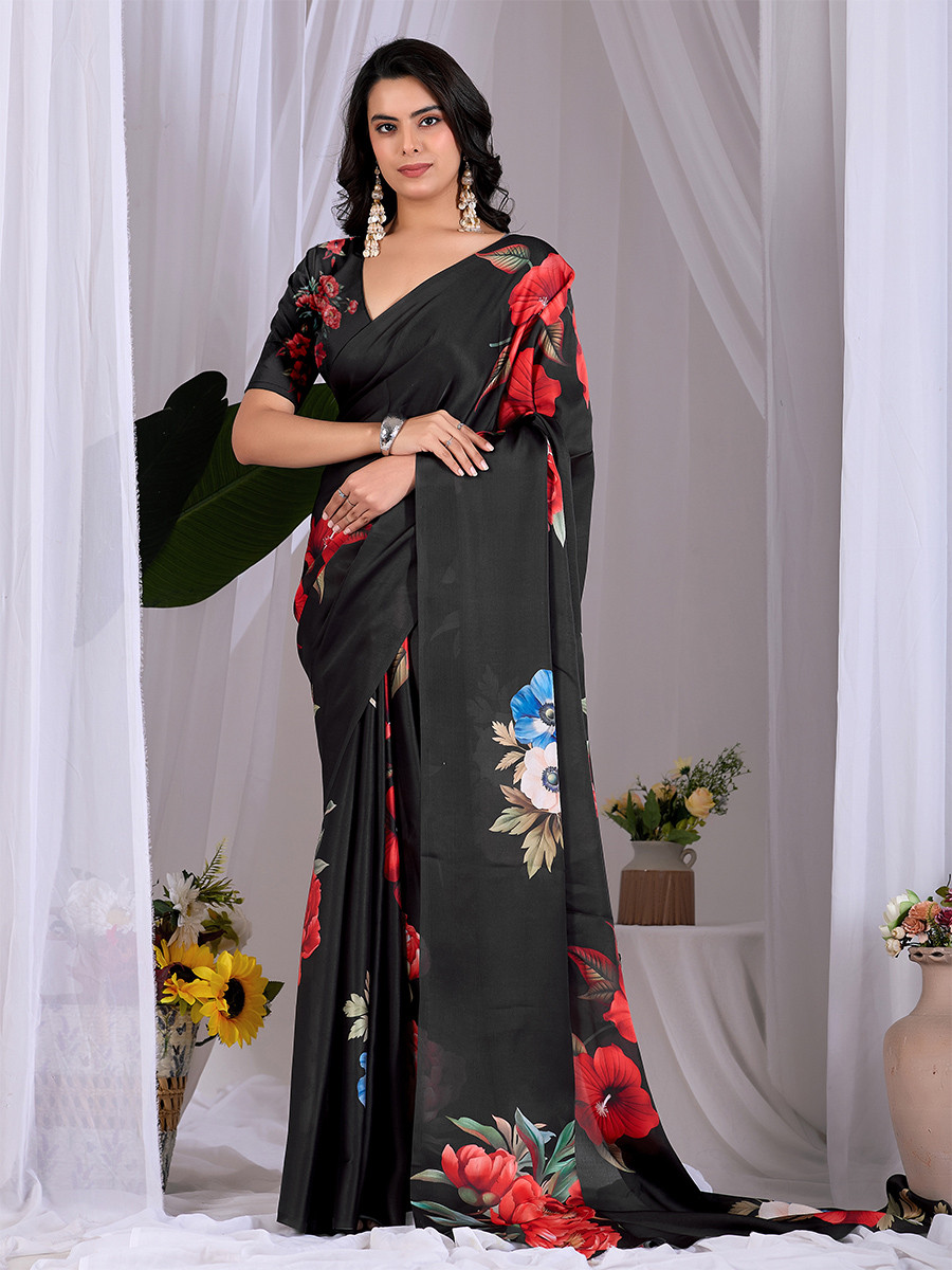 Black Soft Satin Georgette Printed Wedding Reception Party Festival Casual Heavy Border Sarees