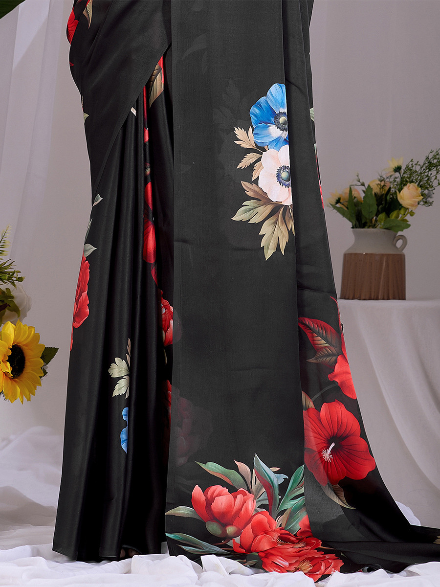 Black Soft Satin Georgette Printed Wedding Reception Party Festival Casual Heavy Border Sarees