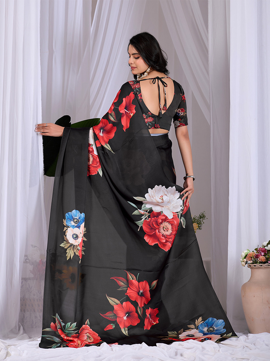 Black Soft Satin Georgette Printed Wedding Reception Party Festival Casual Heavy Border Sarees
