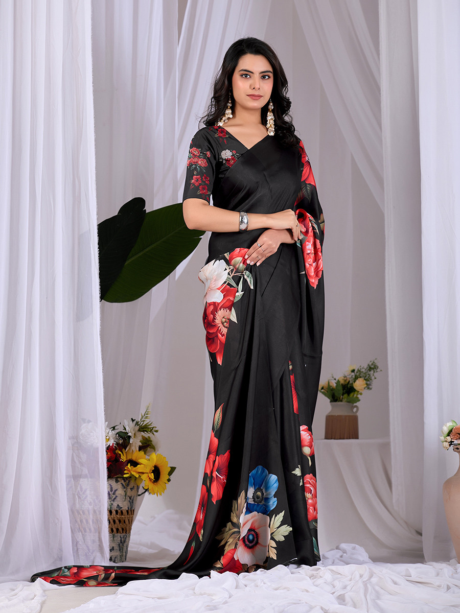 Black Soft Satin Georgette Printed Wedding Reception Party Festival Casual Heavy Border Sarees