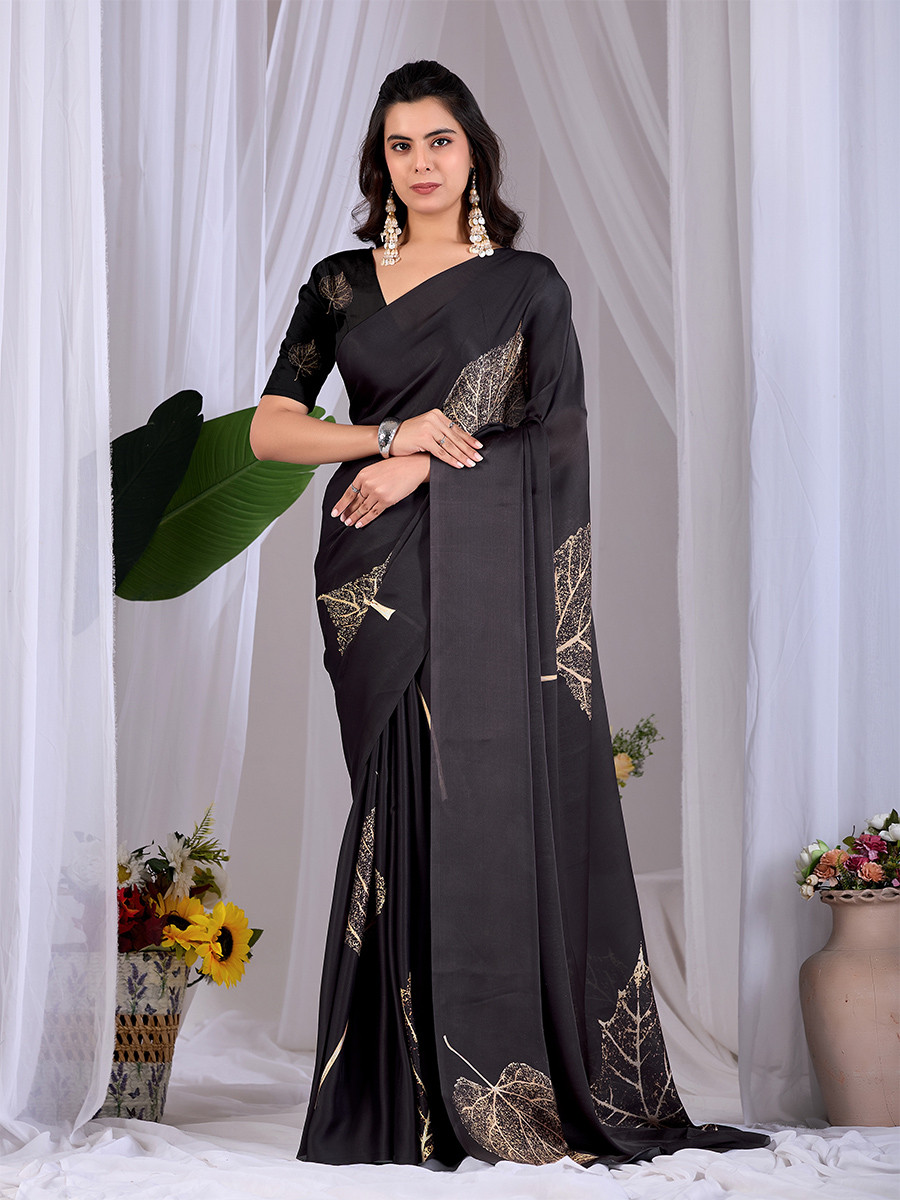 Black Soft Satin Georgette Printed Wedding Reception Party Festival Casual Heavy Border Sarees