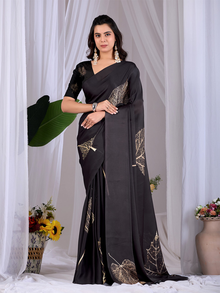 Image of Black Soft Satin Georgette Printed Wedding Reception Party Festival Casual Heavy Border Sarees